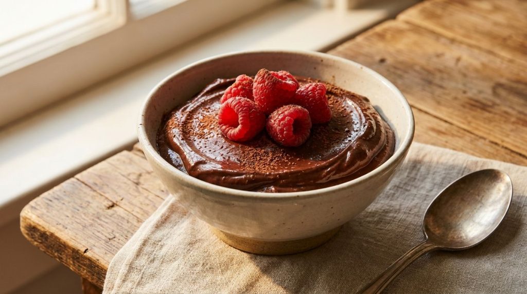 A small bowl of dark rich chocolate avocado mousse topped with a few fresh raspberries and a dusting of cocoa powder on 