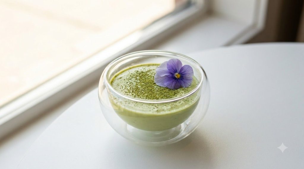 A small clear glass bowl of pale green matcha avocado pudding topped with a sprinkle of matcha powder and a single edibl