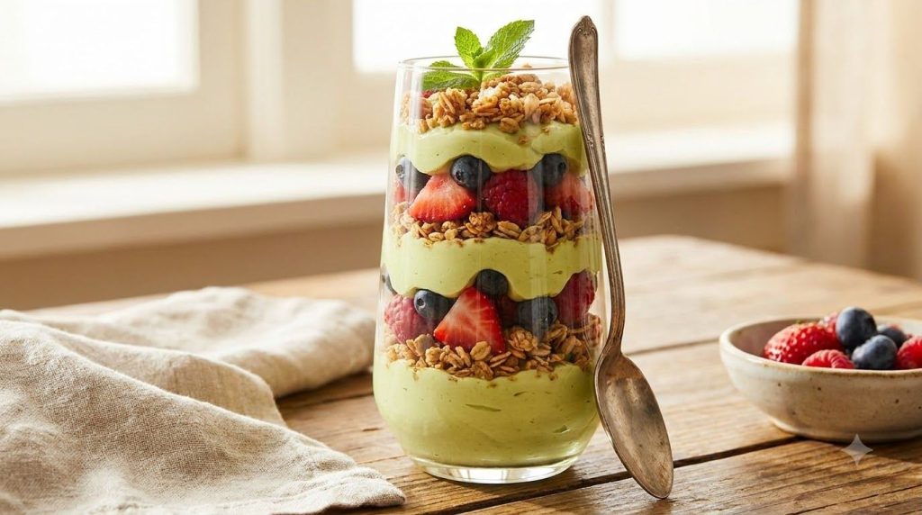 A tall clear glass showing layers of creamy green avocado mixture mixed berries and granola with a spoon inserted on a l