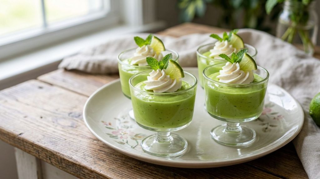 Small individual dessert cups filled with a vibrant green key lime avocado cream topped with a dollop of whipped cream a