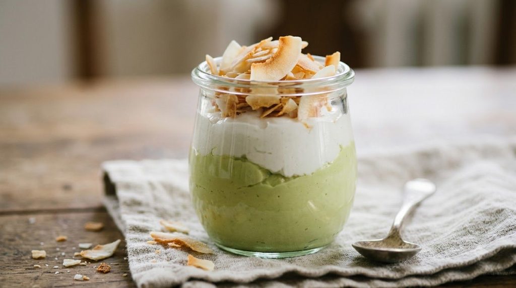 A small glass jar filled with layers of creamy green avocado pudding and white coconut cream topped with toasted coconut