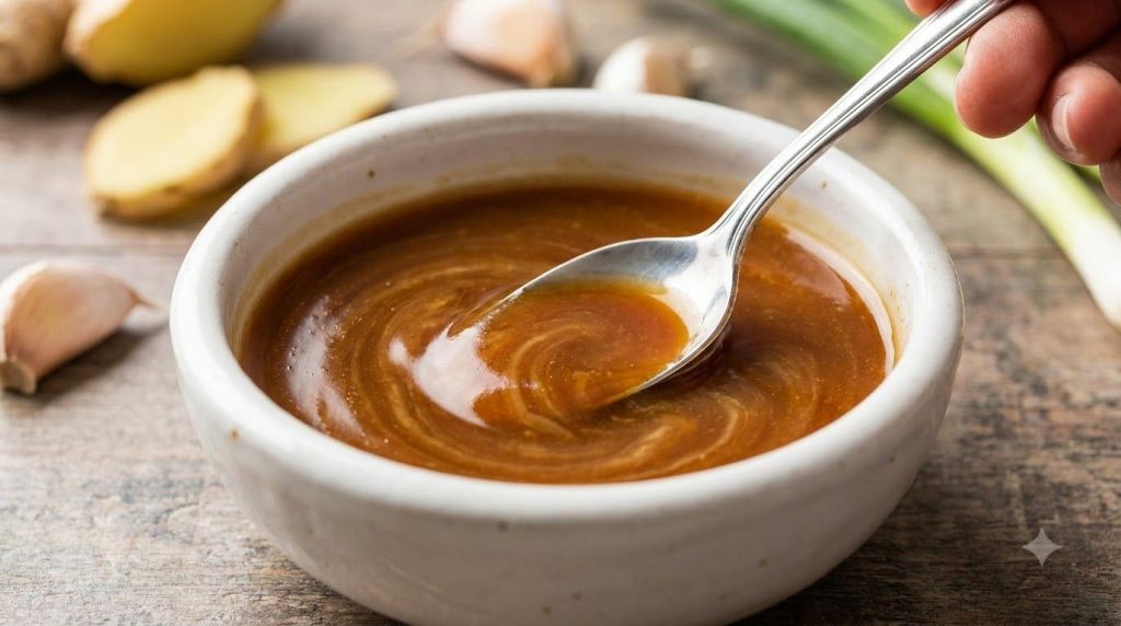 A shiny amber-brown teriyaki sauce in a white bowl with a spoon gently stirring Background shows subtle hints of ginger 