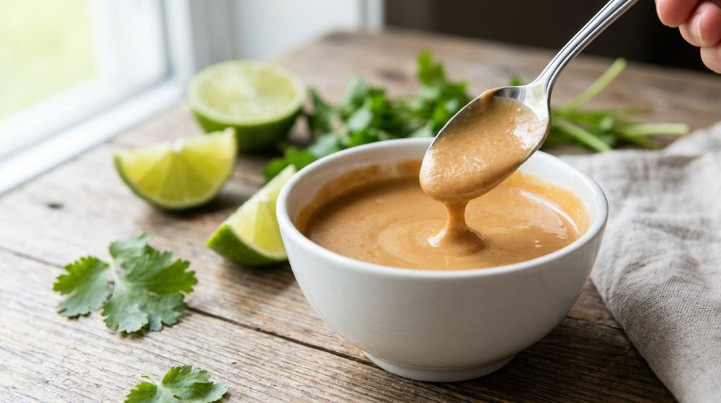 A creamy light brown peanut sauce in a bowl with a spoon scooping some Garnishes like lime wedges and cilantro are blurr