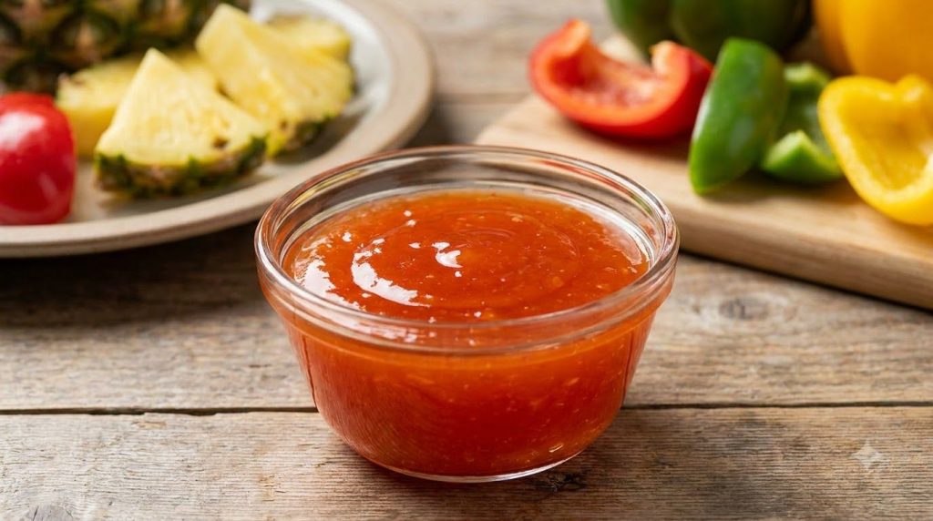 A vibrant orange-red sweet and sour sauce in a bowl with a glossy sheen Pineapples and bell peppers are blurred in the b