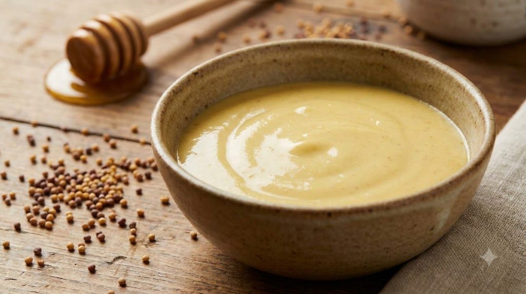 A creamy pale yellow spicy honey mustard sauce in a bowl with a smooth texture Blurred mustard seeds and honey drizzle a