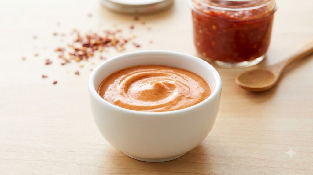 A creamy reddish-orange gochujang mayo in a bowl with a subtle swirl Blurred kimchi or red pepper flakes are visible in 