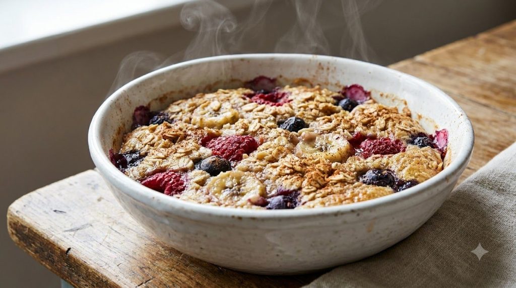 A close-up of a warm bubbly banana berry microwave bake in a small white microwave-safe bowl with steam gently rising Vi