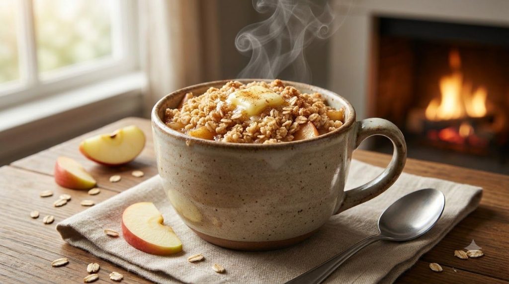 A small warm microwave apple cinnamon crumble in a mug topped with a golden crumbly oat topping Steam gently rises from 