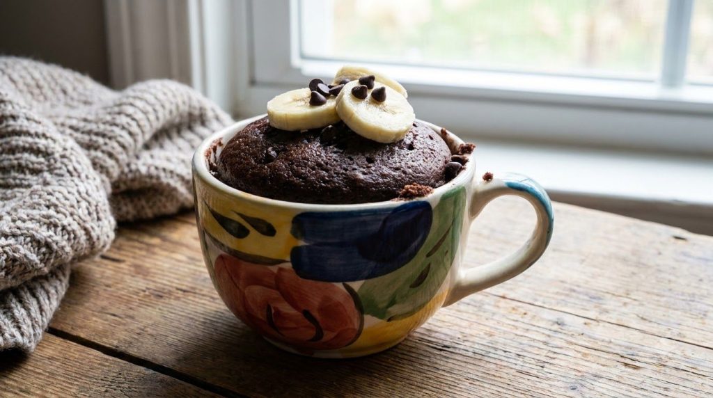 A rich moist chocolate banana mug cake in a colorful ceramic mug garnished with a few banana slices and chocolate chips 