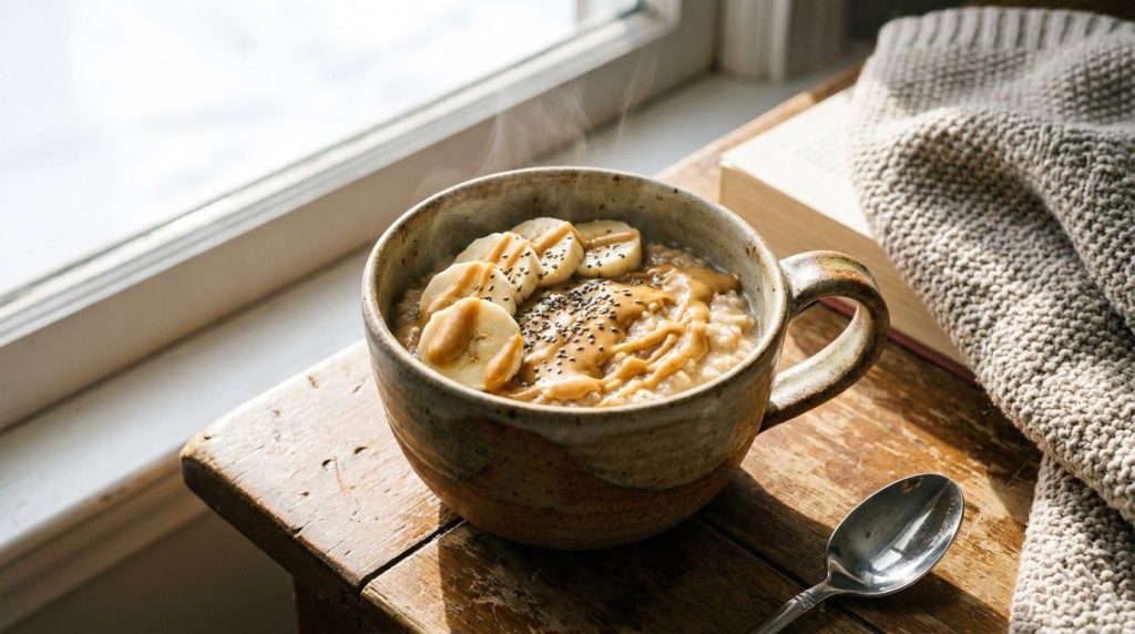 A warm creamy peanut butter oatmeal in a cozy ceramic mug topped with sliced banana a drizzle of peanut butter and a spr