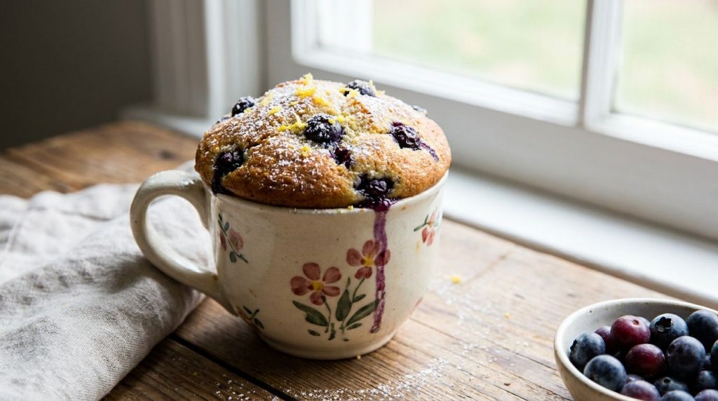 A fluffy golden-brown lemon blueberry mug muffin in a delicate ceramic mug bursting with blueberries and a hint of lemon