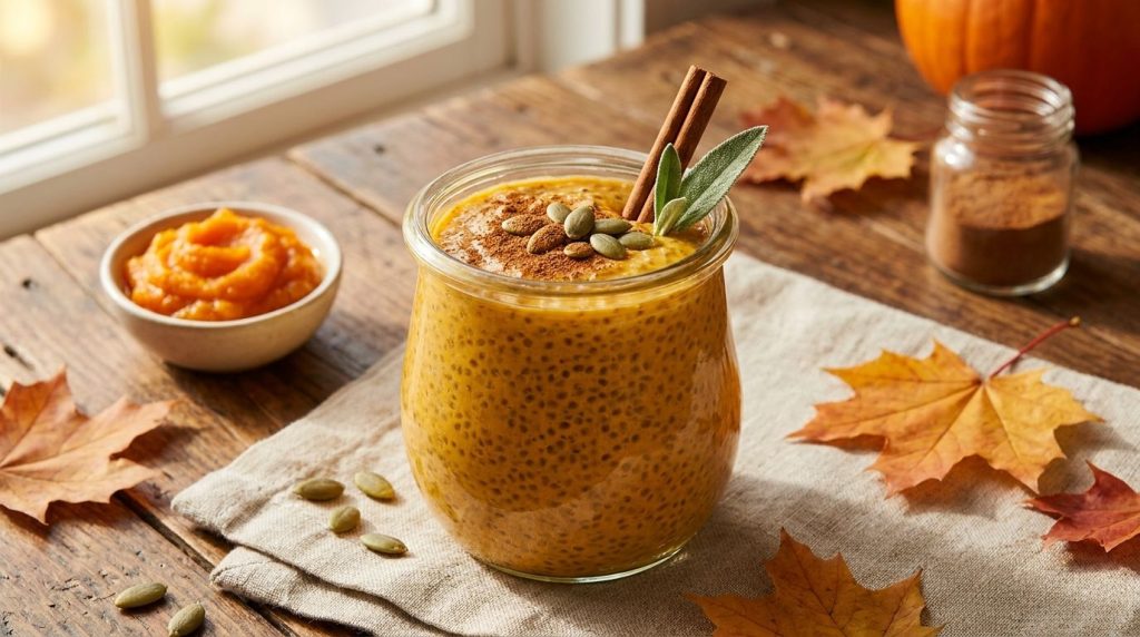 A creamy pumpkin spice chia pudding in a clear glass jar topped with a sprinkle of cinnamon and a few pumpkin seeds The 