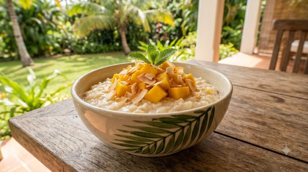 A warm creamy tropical coconut rice pudding in a decorative bowl garnished with fresh diced mango and a sprinkle of toas