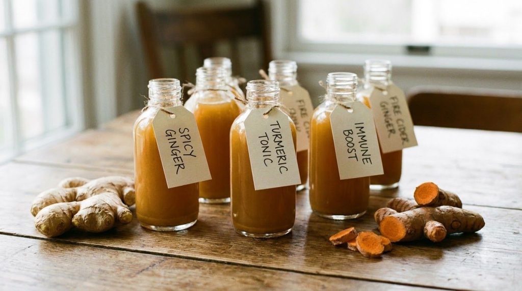 Several small bottles of homemade Fire Cider clearly labeled with a few fresh ginger and turmeric roots beside them sugg