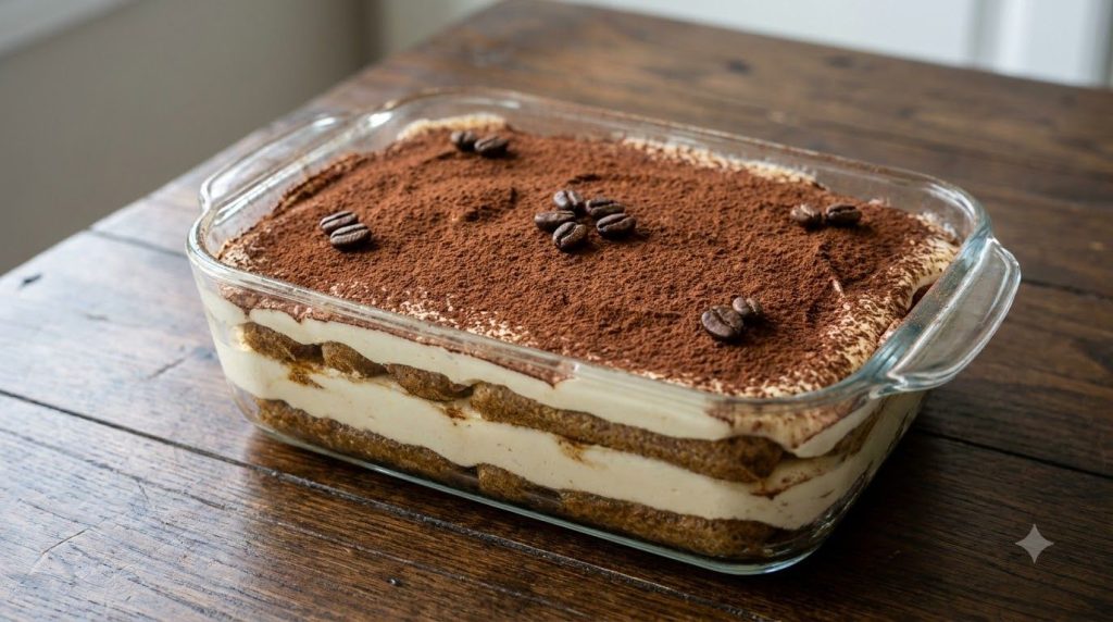 A classic coffee tiramisu in a rectangular glass dish dusted with cocoa powder and garnished with a few coffee beans