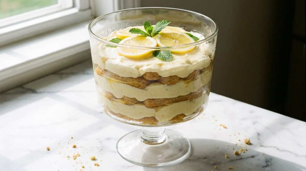A bright lemon tiramisu with visible layers garnished with lemon slices and fresh mint