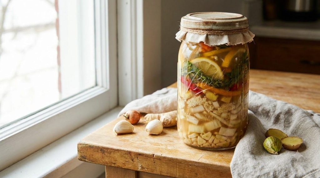 A clear glass jar filled with chopped Fire Cider ingredients and covered with apple cider vinegar with a non-metal lid s