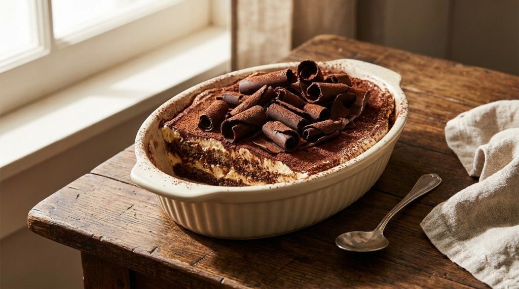 A rich chocolate tiramisu topped with chocolate shavings and a light dusting of cocoa powder