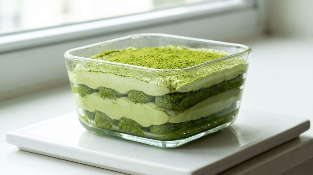 A vibrant green matcha tiramisu dusted with matcha powder and showing layers