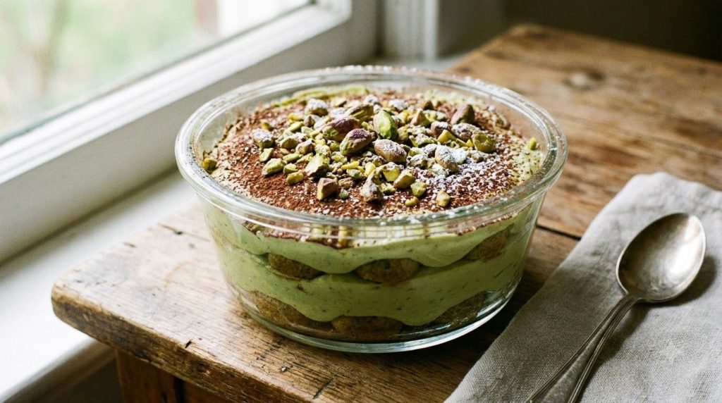 A pistachio tiramisu showing green layers garnished with chopped pistachios