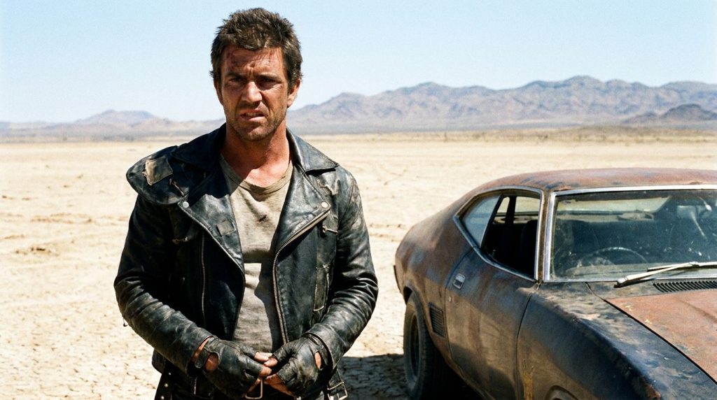 A still from the movie Mad Max showing a young Mel Gibson in his iconic leather jacket looking intense and rugged in a d