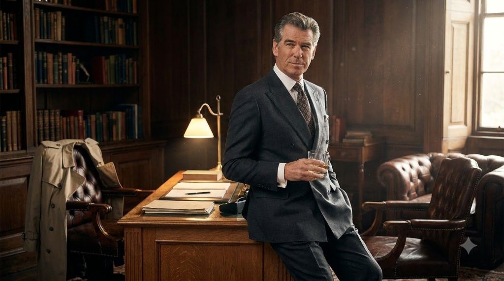 Pierce Brosnan as Remington Steele looking suave and sophisticated in a classic 1980s suit