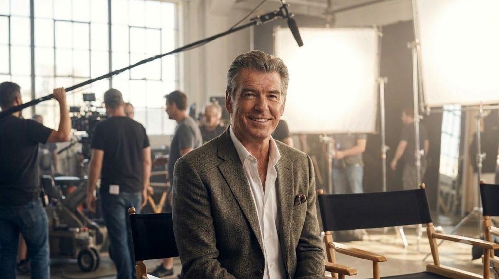 Pierce Brosnan smiling looking distinguished and charismatic possibly in a modern film role representing his later caree