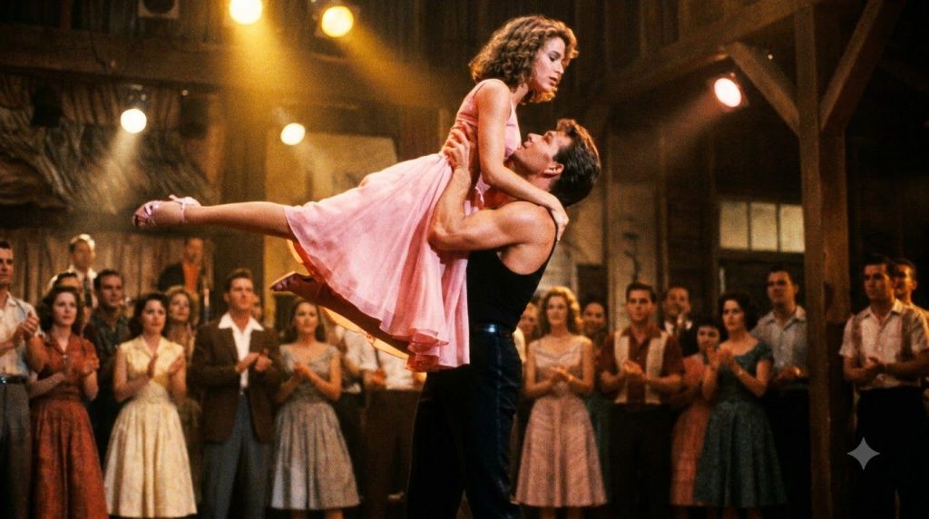 Patrick Swayze and Jennifer Grey dancing in a famous scene from the movie Dirty Dancing