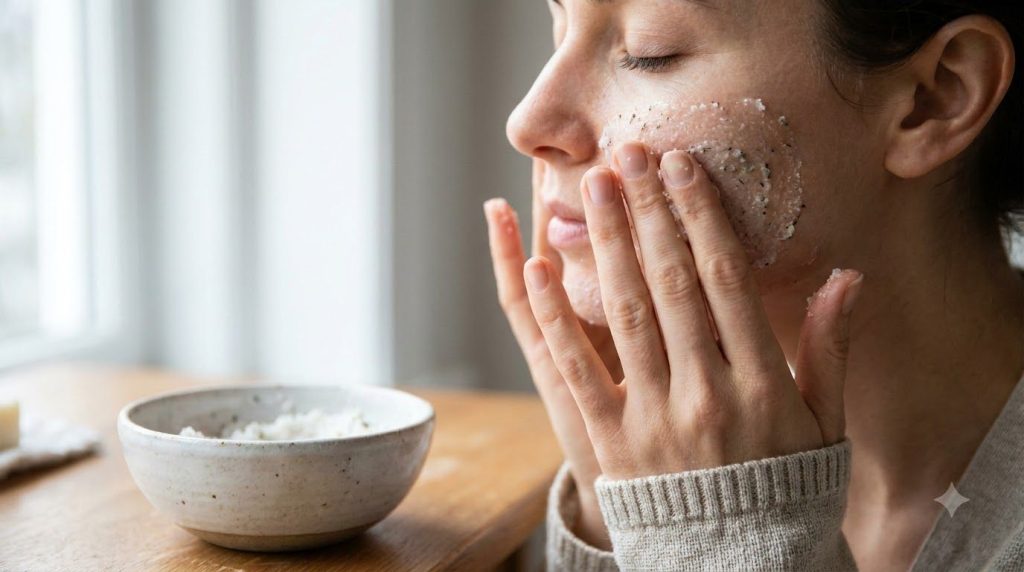 A woman gently applying a homemade scrub to her cheek in soft circular motions