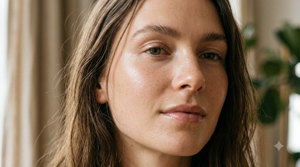 A close-up of a woman s face with smooth radiant-looking skin after using a beauty treatment