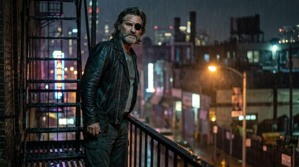 Kurt Russell as Snake Plissken from Escape from New York wearing an eye patch and rugged clothing looking intensely