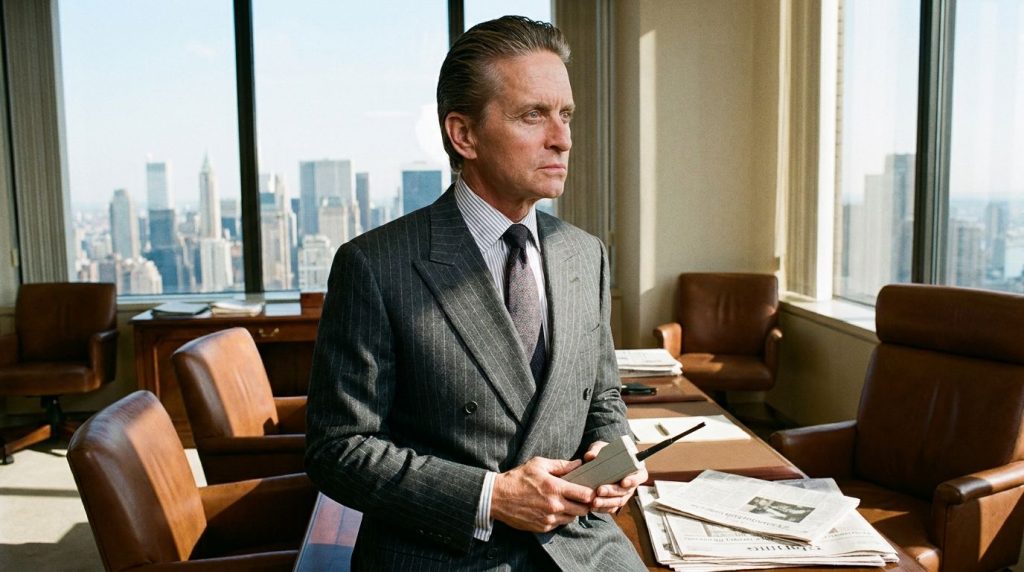 Michael Douglas as Gordon Gekko in Wall Street wearing a sharp suit and slicked-back hair looking powerful and intense