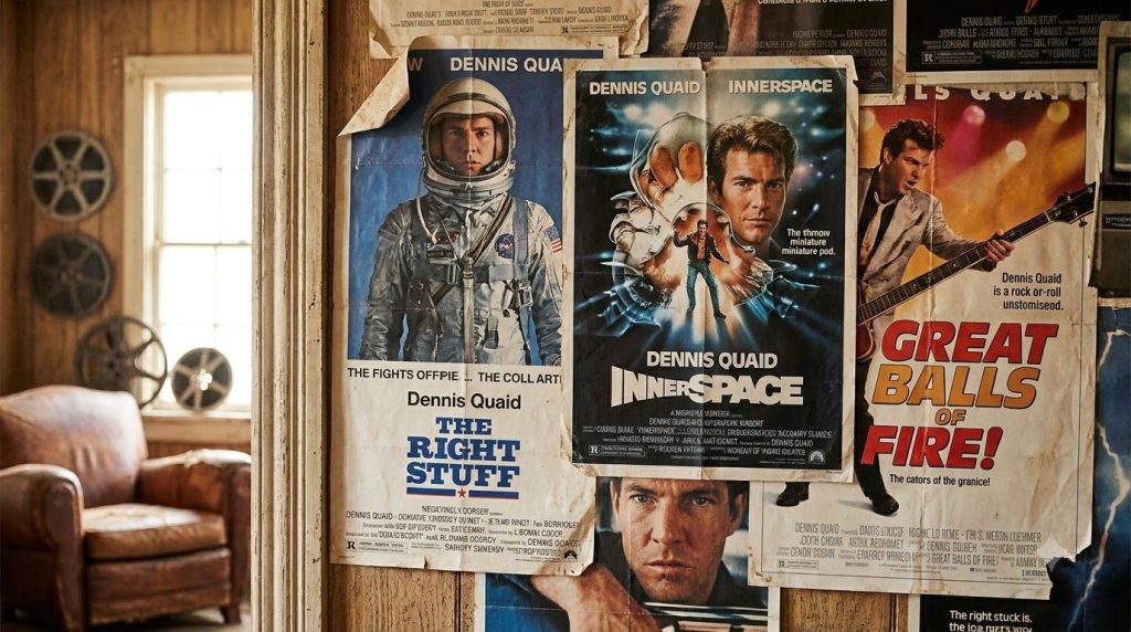 A collage of movie posters featuring young Dennis Quaid from his iconic 1980s films like The Right Stuff Innerspace and 