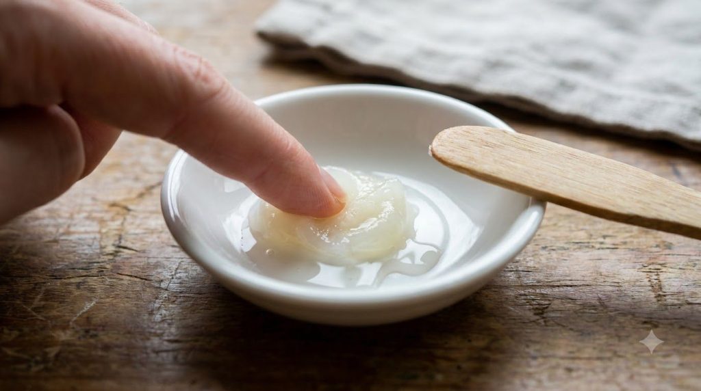 Close-up shot of a small amount of petroleum jelly and baby oil being mixed in a small clean dish or on the back of a ha
