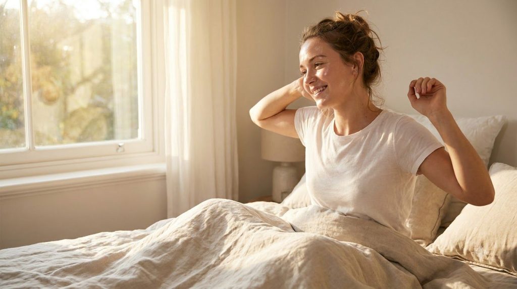 A woman waking up in the morning looking refreshed and with visibly glowing healthy-looking skin light streaming through