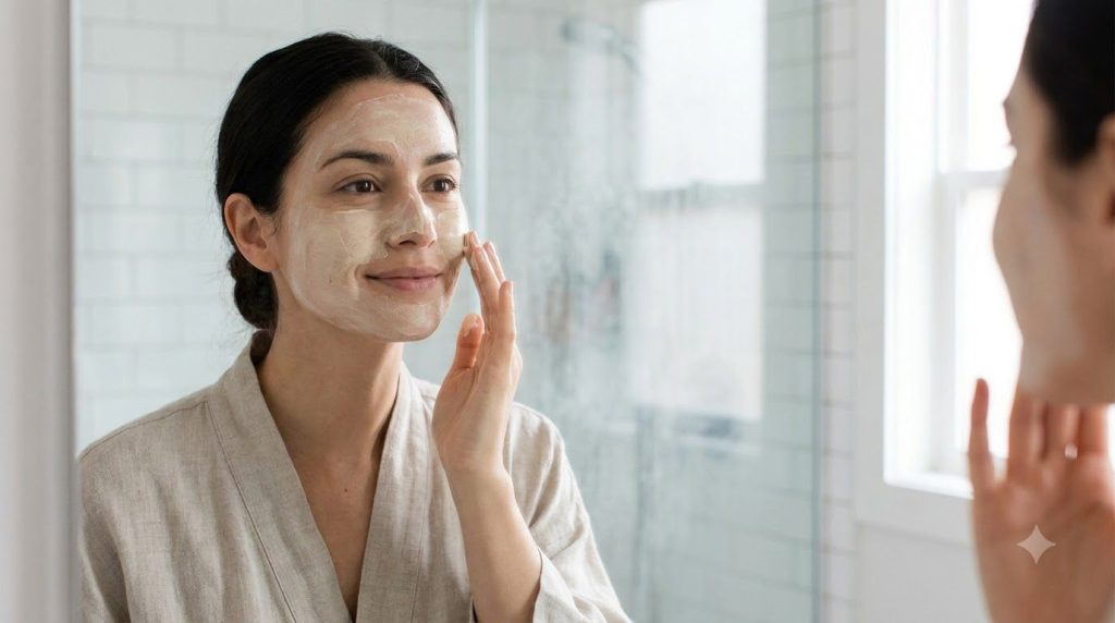 A woman gently applying the aspirin baby oil and baby powder mask to her face in a bathroom setting