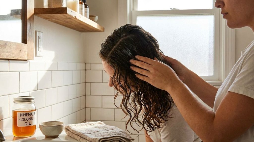A person gently massaging the homemade coconut oil hair treatment into their scalp and hair The focus is on the applicat