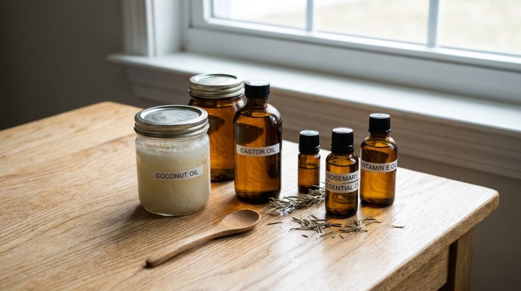 Various ingredients like coconut oil castor oil rosemary essential oil and vitamin E oil arranged neatly on a wooden sur