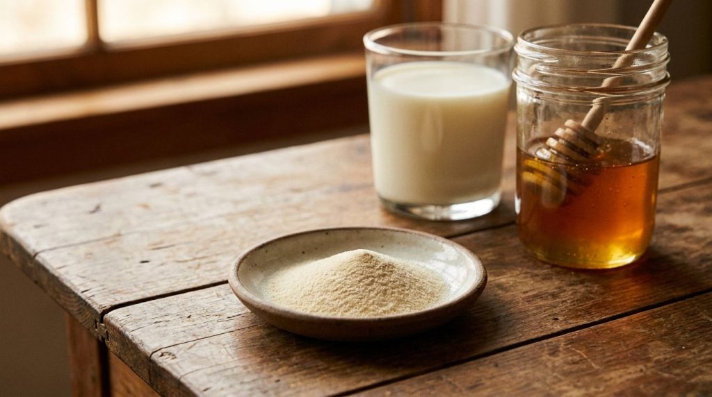Various natural ingredients including gelatin powder a glass of milk and a jar of honey on a rustic wooden table with so