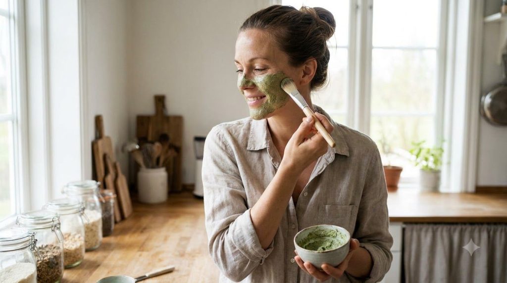 A woman gently applying a homemade face mask to her clean face with a brush focusing on her cheeks with a soft glowing c