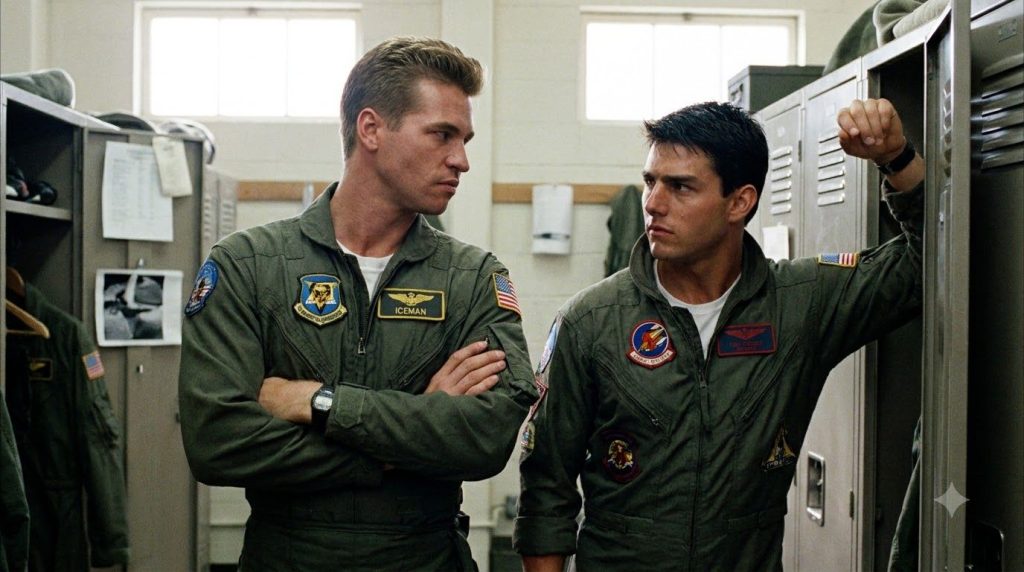 A still from the movie Top Gun 1986 showing Val Kilmer as Iceman perhaps in his flight suit or a confrontational scene w