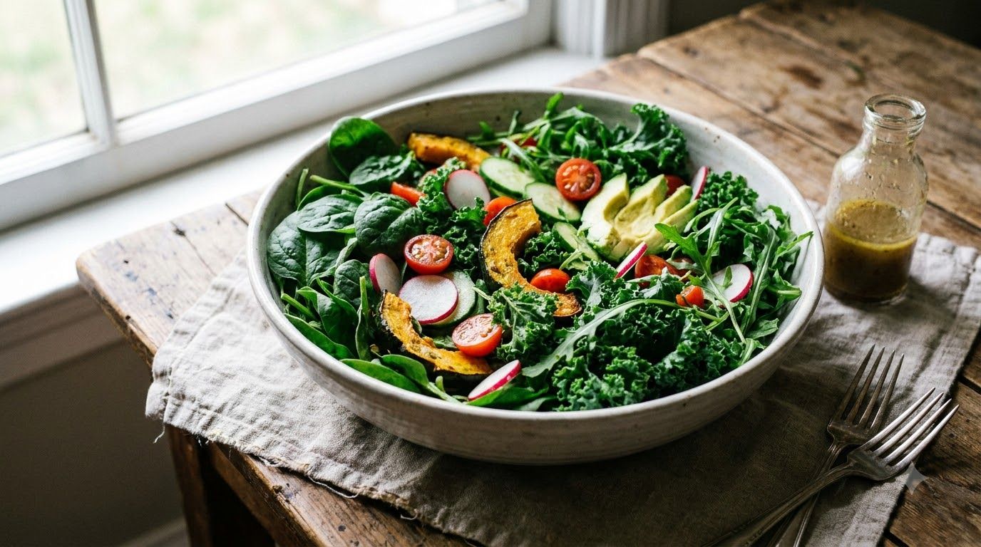 A vibrant bowl of mixed leafy greens like spinach and kale suggesting healthy eating for liver support
