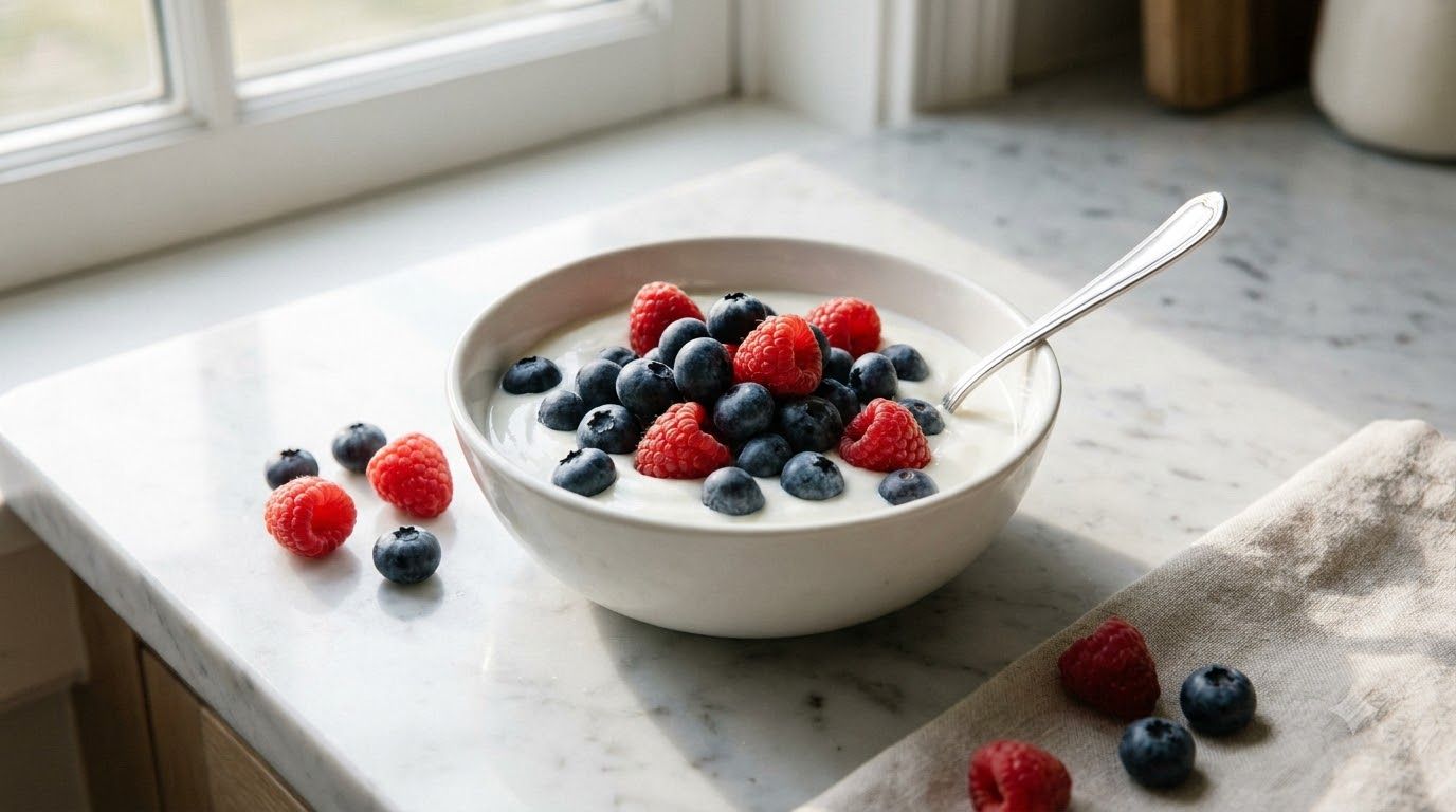A bowl of creamy yogurt topped with fresh berries representing a delicious way to support gut health