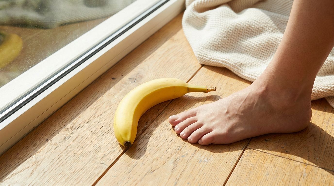 A ripe banana next to a pair of healthy feet symbolizing the connection between healthy eating and foot wellness