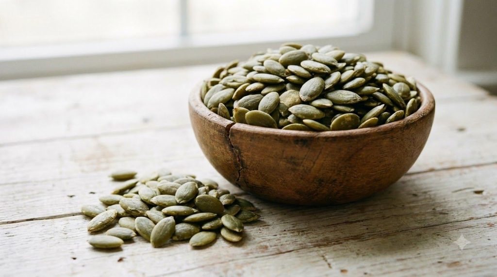 A close-up of a bowl of pumpkin seeds known for being rich in magnesium with a few seeds scattered around a wooden bowl