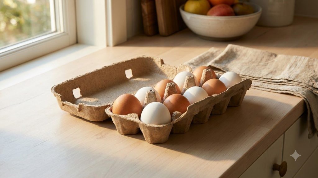 A sunny kitchen counter with a few fresh eggs in a rustic carton ready to be used in a healthy breakfast