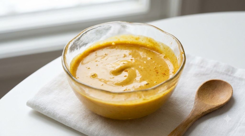 Close-up of a small glass bowl containing the mixed DIY face mask ingredients honey yogurt and turmeric looking like a s