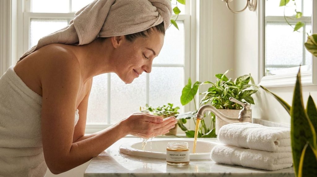 A woman rinsing her face gently under lukewarm water smiling softly with her skin looking fresh and clean after applying