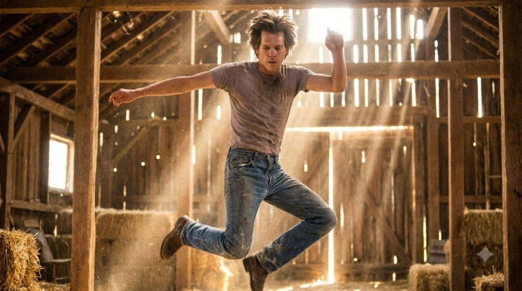Kevin Bacon dancing energetically in a classic 1980s movie scene possibly from Footloose with a vibrant youthful feel