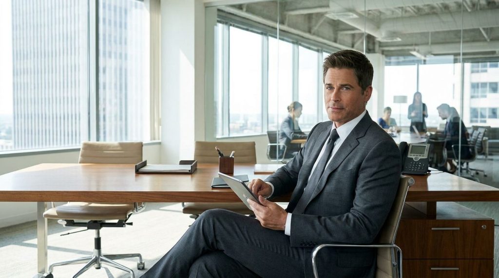 Rob Lowe in a more recent television role looking distinguished and professional perhaps in a suit
